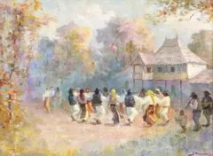 Hora de duminică by Samuel Bogdanovici, ulei pe carton, sold Apr 2020