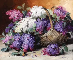 Elena Müller-Stăncescu, Flori de liliac, ulei pe carton