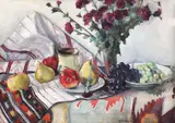 Richard Mayol, Natură statică cu pere și ștergar tradițional, ulei pe carton