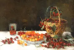 Natură statică cu cireșe by Adela Jean, 1929, ulei pe carton, sold Apr 2020