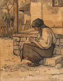 Gheorghe Chirovici, Pe prispă, 1930, acuarelă și tuș pe hârtie