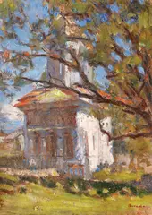 Biserică din Olt by Sever Burada, ulei pe carton, sold Apr 2020