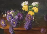 Nicolae I. Angelescu, Natură statică cu crizanteme și trandafiri, ulei pe lemn