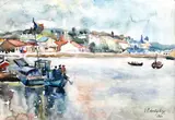 Port la Mangalia by Ecaterina Cristescu Delighioz, 1960, acuarelă pe hârtie lipită pe carton, sold Apr 2020