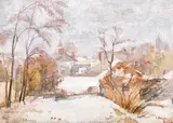 Peisaj de iarnă by Octavian Angheluță, 1935, ulei pe carton, sold Apr 2020