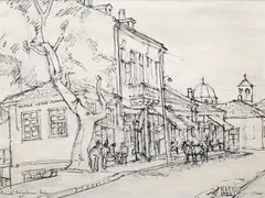 Emil Nicolescu, La bodega ”Vedere frumoasă”, 1935, tuș pe hârtie