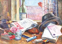 La fereastra atelierului by Marcel Olinescu, ulei pe carton, sold Apr 2020