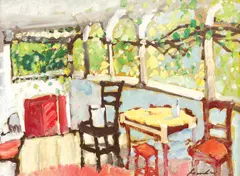 Terasă brâncovenească by Constantin Daradici, ulei pe placaj, sold Apr 2020