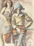 Iosif Iser, Arlechin și columbină, 1946, pastel și cărbune pe hârtie