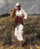 Țărăncuță cu cobiliță by Octav Băncilă, ulei pe pânză, sold Mar 2020