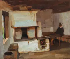 Țărăncuță în fața vetrei by Constantin Artachino, ulei pe pânză, sold Mar 2020