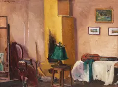 Atelierul artistului by Leon Biju, ulei pe carton, sold Mar 2020