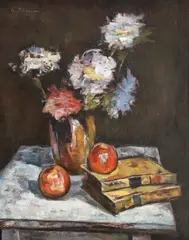 Natură statică cu mere, cărți și vas cu crizanteme by Gheorghe Petrașcu, 1922-1925, ulei pe pânză lipită pe carton, sold Mar 2020