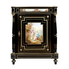 Jean-Joseph-Jules Defer, Comodă/meuble d'appui în stil Napoleon III, decorată cu porțelan Sèvres, sfârșitul sec. XIX, lemn ebenizat; porțelan pictat; marmură; alamă