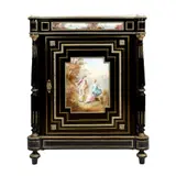 Jean-Joseph-Jules Defer, Comodă/meuble d'appui în stil Napoleon III, decorată cu porțelan Sèvres, sfârșitul sec. XIX, lemn ebenizat; porțelan pictat; marmură; alamă