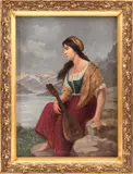jumătatea sec. Xix Școală Germană, Tânără cu mandolină, ulei pe pânză