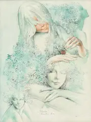 Chloris by Sever Frențiu, 1982, creioane colorate și creion pe hârtie lipită pe carton, sold Feb 2020