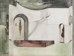 Nud, contrabas și un ton de vioară by Paul Fux, 1974, ulei și creion pe pânză lipită pe carton, sold Feb 2020