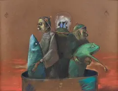 Ștefan Câlția, Călători, 1988, pastel, acrilic, guașă și tuș pe hârtie colorată lipită pe carton