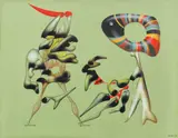 Jules Perahim, Attraction pasionnelle, 1974, guașă și creioane colorate pe hârtie lipită pe carton