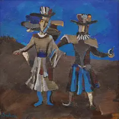 Jocul Măștilor by Liviu Suhar, 1978, ulei pe pânză, offered Feb 2020