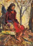 Țărăncuță odihnindu-se by Rudolf Schweitzer–Cumpăna, ulei pe carton, sold Feb 2020