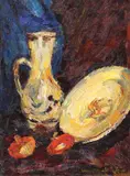Natură statică cu ceramică populară by Rudolf Schweitzer–Cumpăna, ulei pe carton, sold Feb 2020