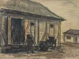 Samuel Mützner, Călimăneşti (Magazia Gospodăriei Colective), acuarelă, cărbune şi creioane colorate pe hârtie
