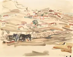 Balcic by Max W. Arnold, 1935, acuarelă și creion pe hârtie lipită pe carton, sold Feb 2020