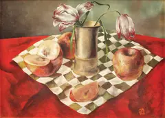 Zamfir Dumitrescu, Mere pe fundal roșu, 1985, ulei pe pânză