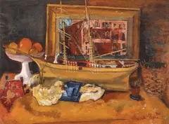 Vasile Popescu, Natură statică cu corabie și fructieră, 1940, ulei pe pânză