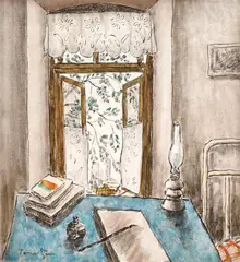 Nicolae Tonitza, Interior, acuarelă și tuș pe hârtie lipită pe carton