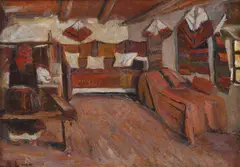 Interior țărănesc by Nicolae Enea, ulei pe carton, sold Dec 2019