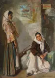 Așteptând vaporul by Nicolae Vermont, ulei pe carton, sold Dec 2019