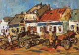 Târg la Sibiu by Rudolf Schweitzer–Cumpăna, 1938, ulei pe carton, sold Dec 2019
