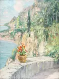 Terasă pe Riviera italiană by Kimon Loghi, ulei pe carton, sold Dec 2019