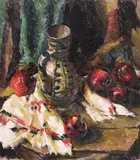 Natură statică cu ulcior și mere by Leon Biju, ulei pe carton, sold Dec 2019