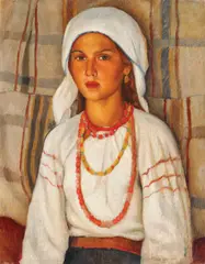 Țărăncuță cu mărgele roșii by Alexandru Moscu, ulei pe placaj, sold Dec 2019
