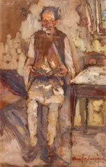 Bunic cu ceaslov by Rudolf Schweitzer–Cumpăna, ulei pe carton, sold Dec 2019