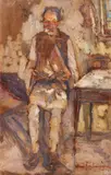 Bunic cu ceaslov by Rudolf Schweitzer–Cumpăna, ulei pe carton, sold Dec 2019