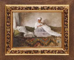 Nicolae Grigorescu, Cusătoreasă (Sora artistului), cca. 1870, ulei pe carton lipit pe metal