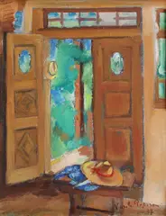 Pălăria galbenă by Vasile Popescu, 1937, ulei pe carton, offered Dec 2019