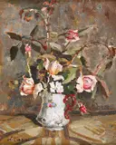 Canceu cu trandafiri by Nicolae Enea, ulei pe carton, sold Dec 2019