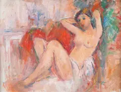 Nud în fotoliu by Ion Musceleanu, 1978, ulei pe pânză lipită pe carton, offered Dec 2019