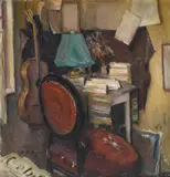 Interior cu chitară by Leon Biju, ulei pe pânză, sold Dec 2019