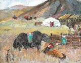 Natsagdorj Balgansuren, Iurtă în taigaua mongoleză, cca. 1990, ulei pe pânză