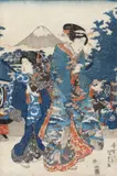 Utagawa Kunisada, Gheișe la plimbare, pe fundal muntele Fuji înzăpezit, cca. 1840, xilogravură nishiki-e