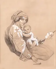 Amélie Daubigny, Maternitate, creion și accente de guașă pe hârtie lipită pe carton