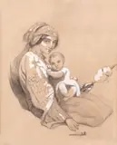 Amélie Daubigny, Maternitate, creion și accente de guașă pe hârtie lipită pe carton