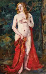 Louis Sue, Nud cu șal roșu, ulei pe pânză